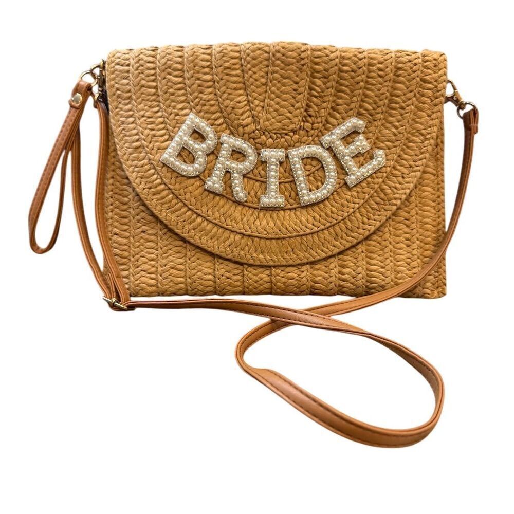 Bride Straw Shoulder Bag/Clutch with Rhinestone Pearl Accents Beige